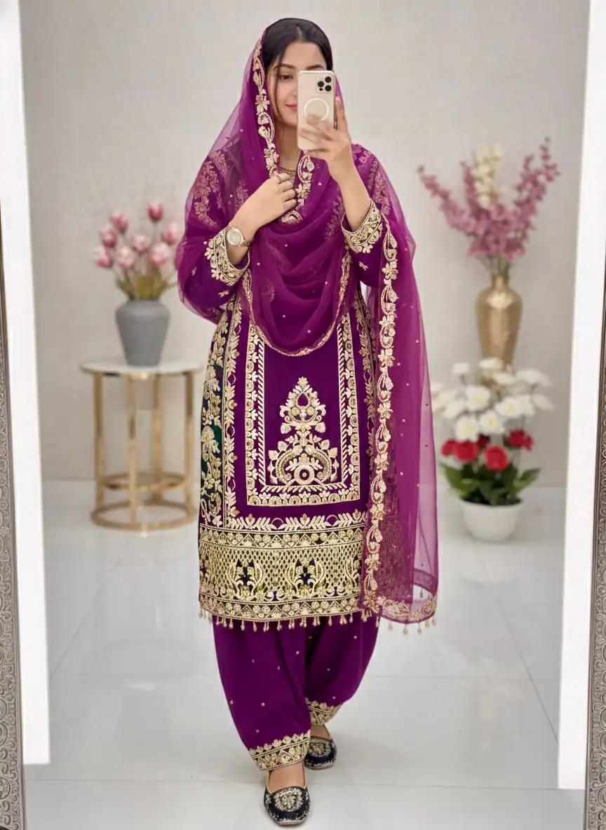 Purple Faux Georgette With Embroidery Work Salwar Suit | Jump Suits, Tops & Bottoms, Track Suits, Salwar suit, Casual Suits, Creative suits, Designer Suits, Palazzo Suits, Party Wear Suits, Patiala Suits, Straight Suits, Trendy Wear