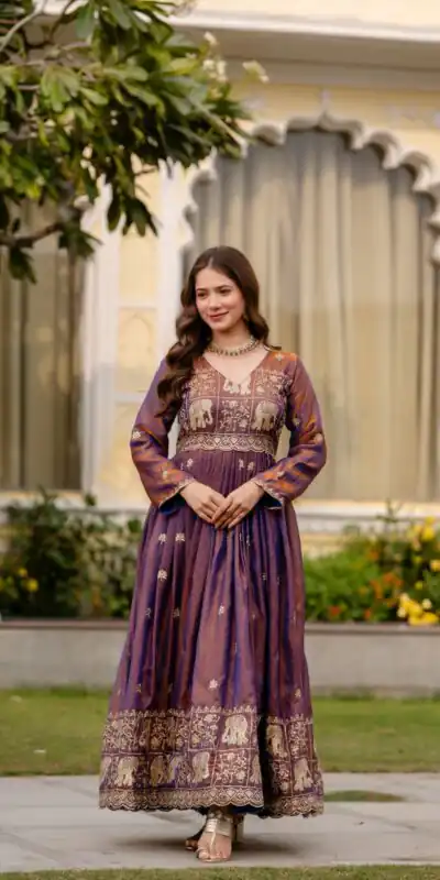 Purple Fendy Satin Embroidery Work Gown | Gowns, Bollywood Gowns, Creative Gowns, Designer Gowns, Embroidered Gowns, Party Wear Gowns