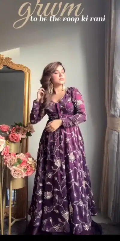 Purple Fendy Silk Embroidery Beats Work Gown | Gowns, Bollywood Gowns, Creative Gowns, Designer Gowns, Embroidered Gowns, Party Wear Gowns