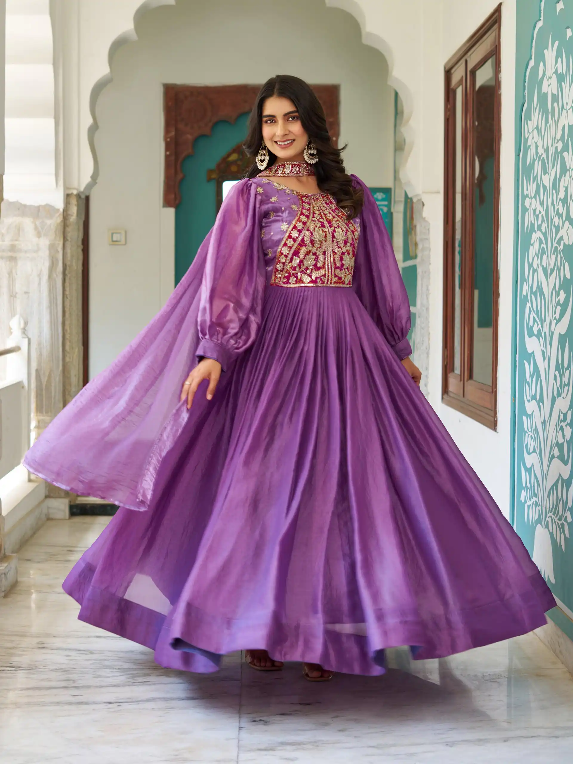 Purple Fendy Silk Embroidery Work Gown | Gowns, Bollywood Gowns, Creative Gowns, Designer Gowns, Embroidered Gowns, Party Wear Gowns