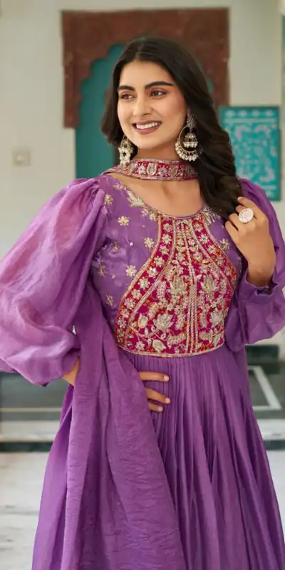 Purple Fendy Silk Embroidery Work Gown | Gowns, Bollywood Gowns, Creative Gowns, Designer Gowns, Embroidered Gowns, Party Wear Gowns