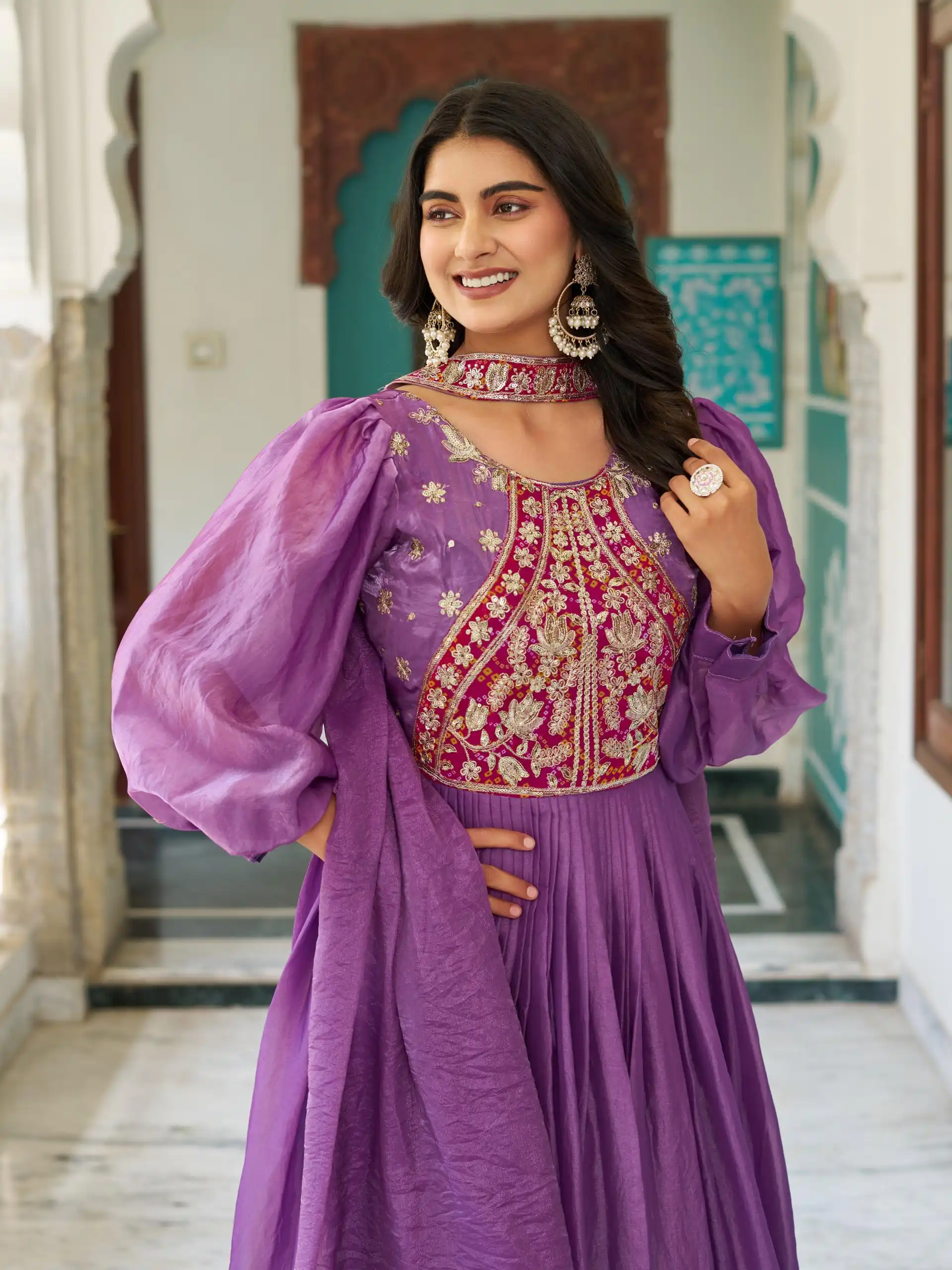 Purple Fendy Silk Embroidery Work Gown | Gowns, Bollywood Gowns, Creative Gowns, Designer Gowns, Embroidered Gowns, Party Wear Gowns