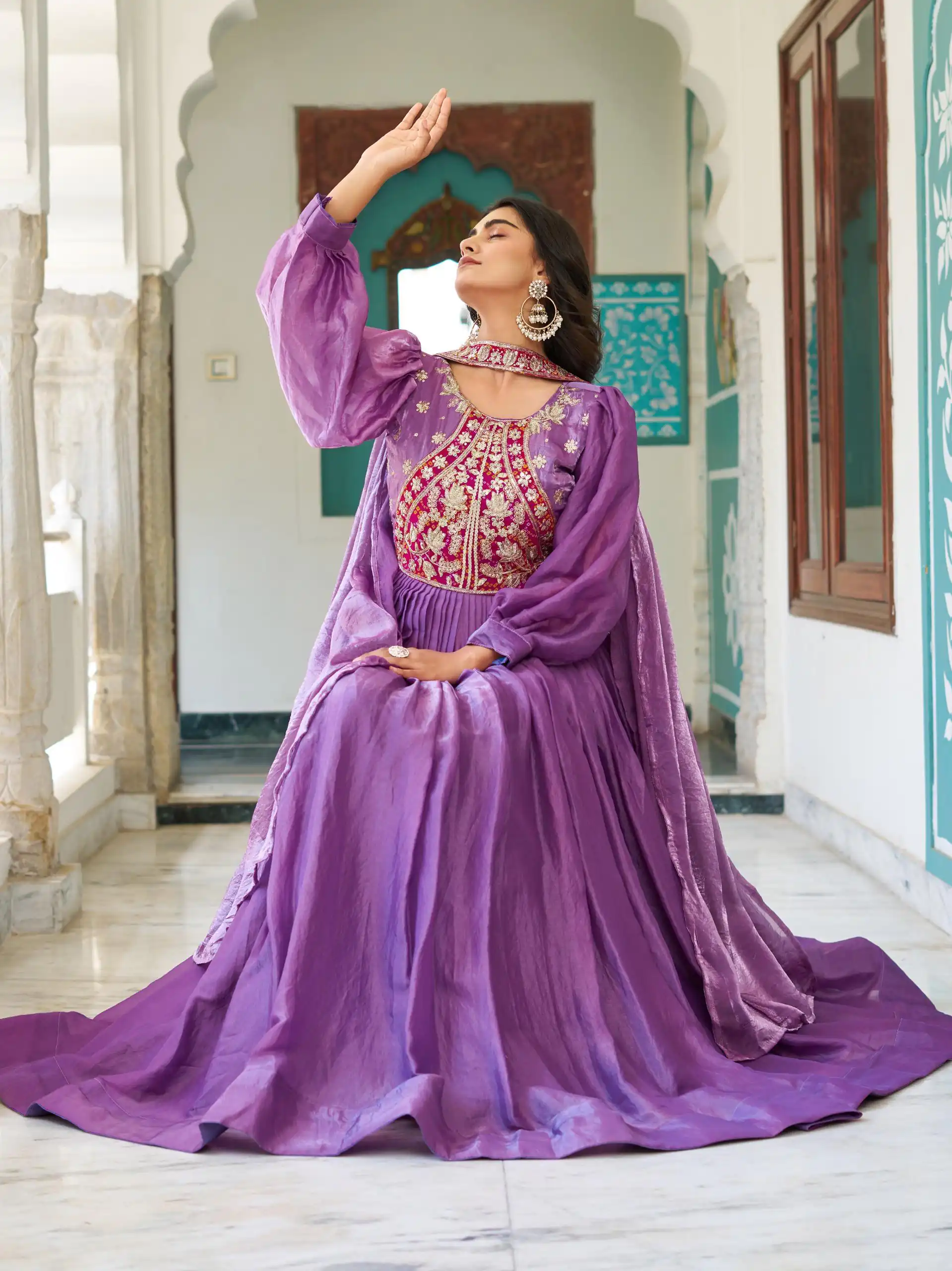 Purple Fendy Silk Embroidery Work Gown | Gowns, Bollywood Gowns, Creative Gowns, Designer Gowns, Embroidered Gowns, Party Wear Gowns
