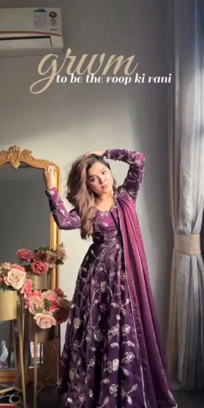 Purple Fendy Silk Lace Work Gown | Gowns, Bollywood Gowns, Creative Gowns, Designer Gowns, Embroidered Gowns, Party Wear Gowns