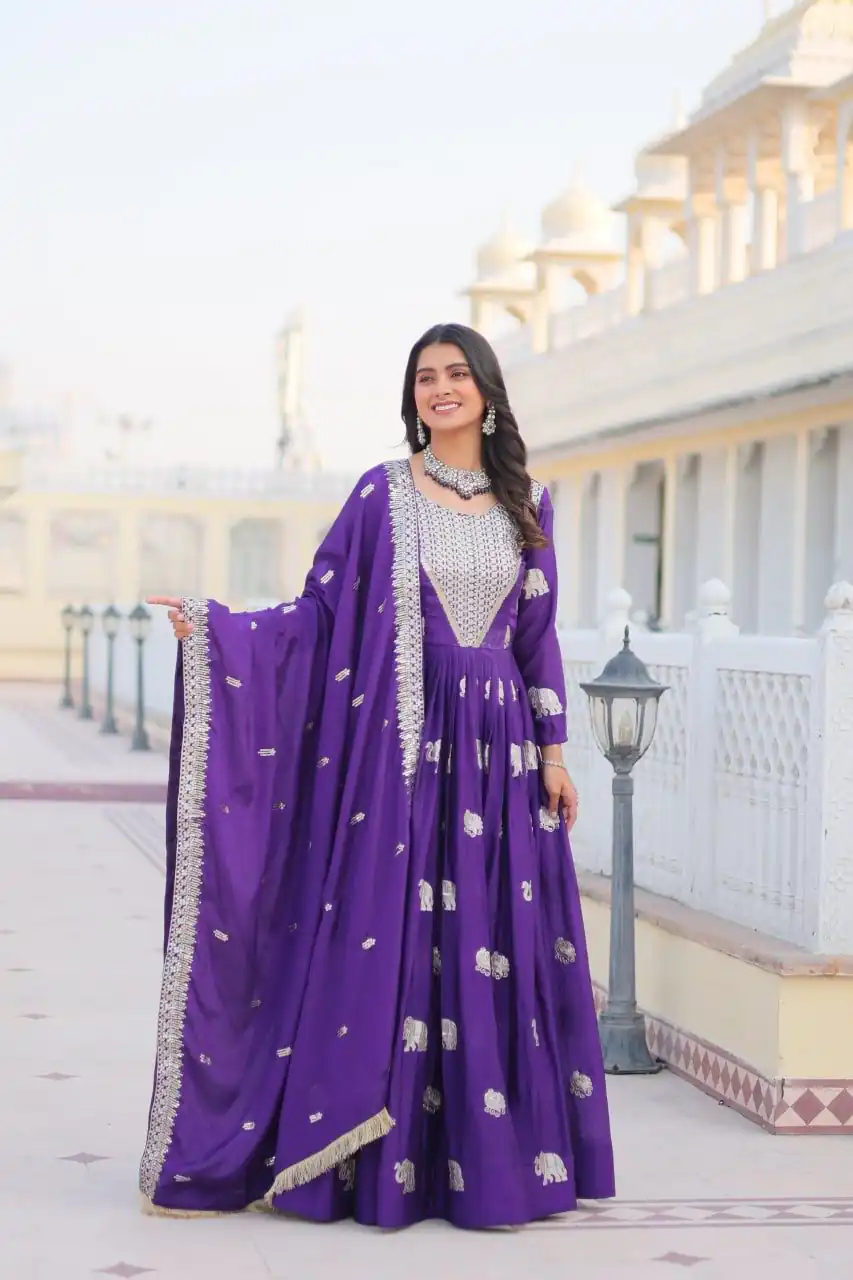 Purple Fox Georgette Embroidery Work Gown | Gowns, Bollywood Gowns, Creative Gowns, Designer Gowns, Embroidered Gowns, Party Wear Gowns