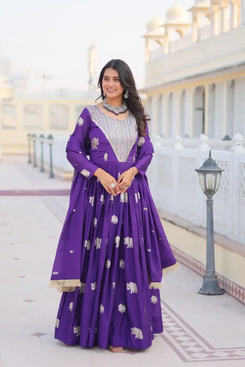Purple Fox Georgette Embroidery Work Gown | Gowns, Bollywood Gowns, Creative Gowns, Designer Gowns, Embroidered Gowns, Party Wear Gowns