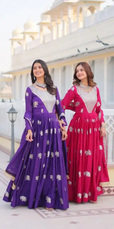 Purple Fox Georgette Embroidery Work Gown | Gowns, Bollywood Gowns, Creative Gowns, Designer Gowns, Embroidered Gowns, Party Wear Gowns