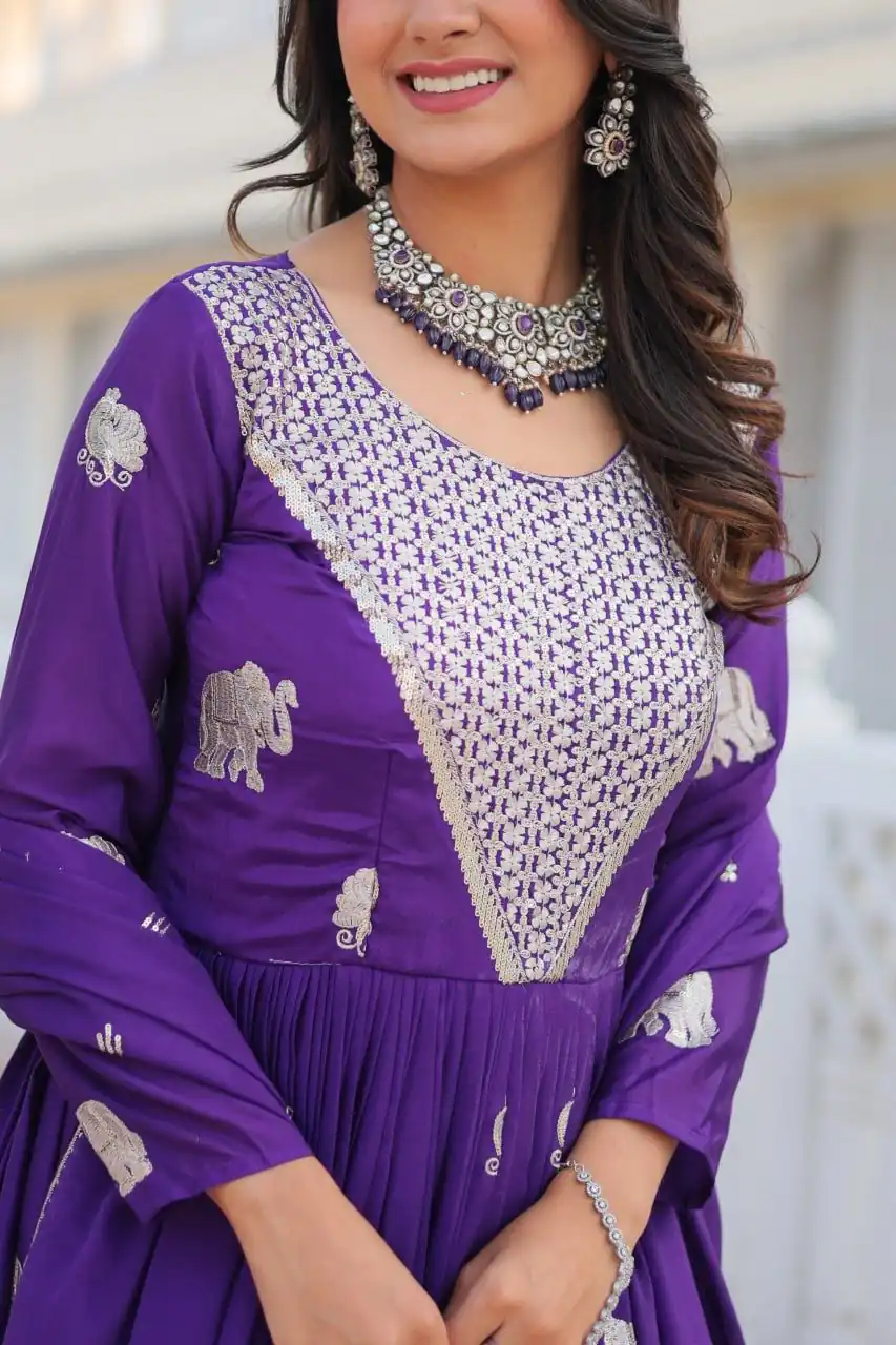 Purple Fox Georgette Embroidery Work Gown | Gowns, Bollywood Gowns, Creative Gowns, Designer Gowns, Embroidered Gowns, Party Wear Gowns
