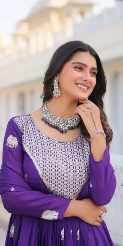Purple Fox Georgette Embroidery Work Gown | Gowns, Bollywood Gowns, Creative Gowns, Designer Gowns, Embroidered Gowns, Party Wear Gowns