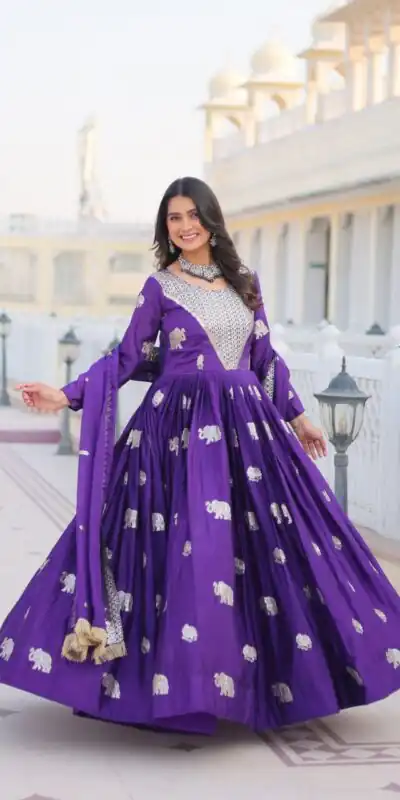 Purple Fox Georgette Embroidery Work Gown | Gowns, Bollywood Gowns, Creative Gowns, Designer Gowns, Embroidered Gowns, Party Wear Gowns