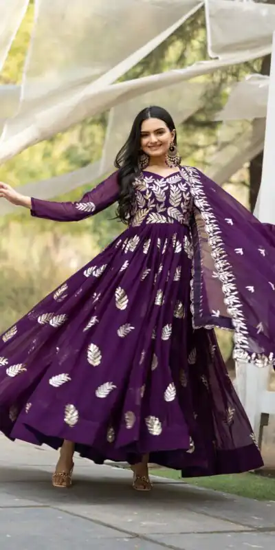 Purple Fox Georgette With Embroidery Work Gown | Gowns, Bollywood Gowns, Creative Gowns, Designer Gowns, Embroidered Gowns, Party Wear Gowns