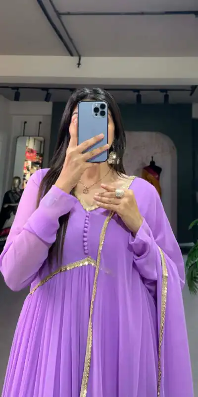 Purple Georgette Embroidery Gown | Gowns, Bollywood Gowns, Creative Gowns, Designer Gowns, Embroidered Gowns, Party Wear Gowns