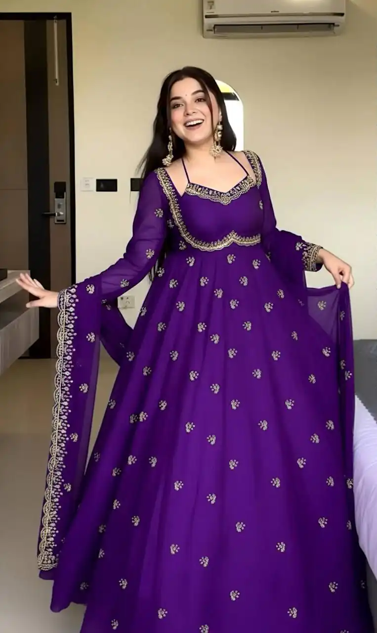 Purple Georgette Embroidery Work Gown | Gowns, Bollywood Gowns, Creative Gowns, Designer Gowns, Embroidered Gowns, Party Wear Gowns