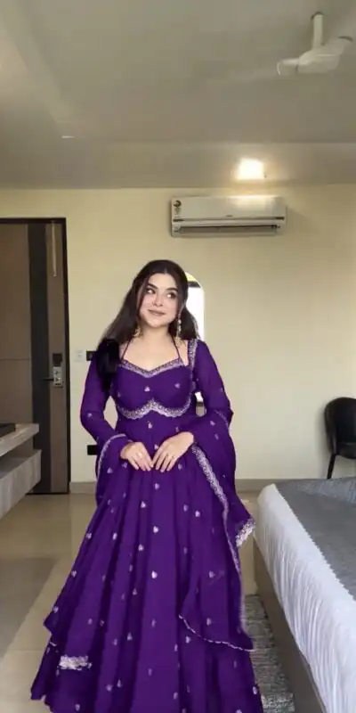 Purple Georgette Embroidery Work Gown | Gowns, Bollywood Gowns, Creative Gowns, Designer Gowns, Embroidered Gowns, Party Wear Gowns