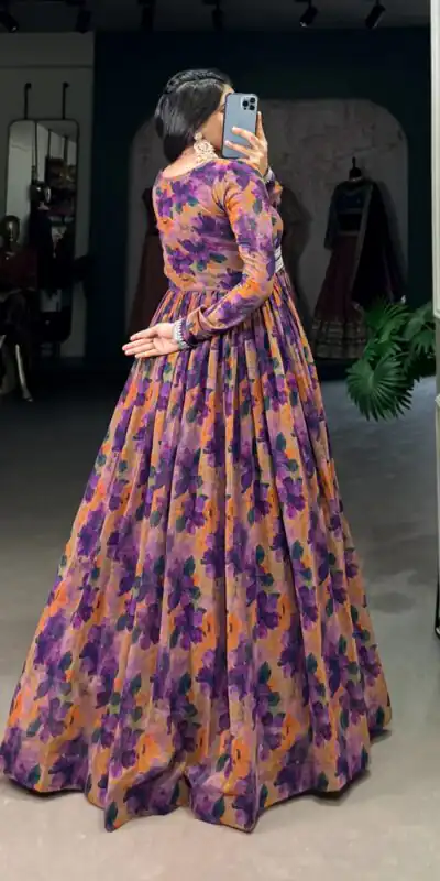 Purple Georgette Floral Gown | Gowns, Bollywood Gowns, Creative Gowns, Designer Gowns, Embroidered Gowns, Party Wear Gowns