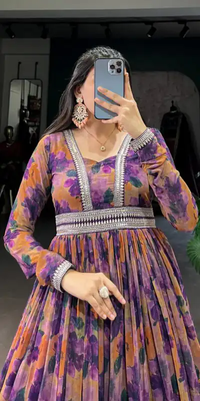Purple Georgette Floral Gown | Gowns, Bollywood Gowns, Creative Gowns, Designer Gowns, Embroidered Gowns, Party Wear Gowns