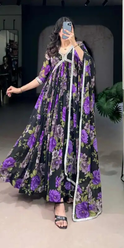 Purple Georgette Floral Printed Paper Mirror Lace Gown | Gowns, Bollywood Gowns, Creative Gowns, Designer Gowns, Embroidered Gowns, Party Wear Gowns