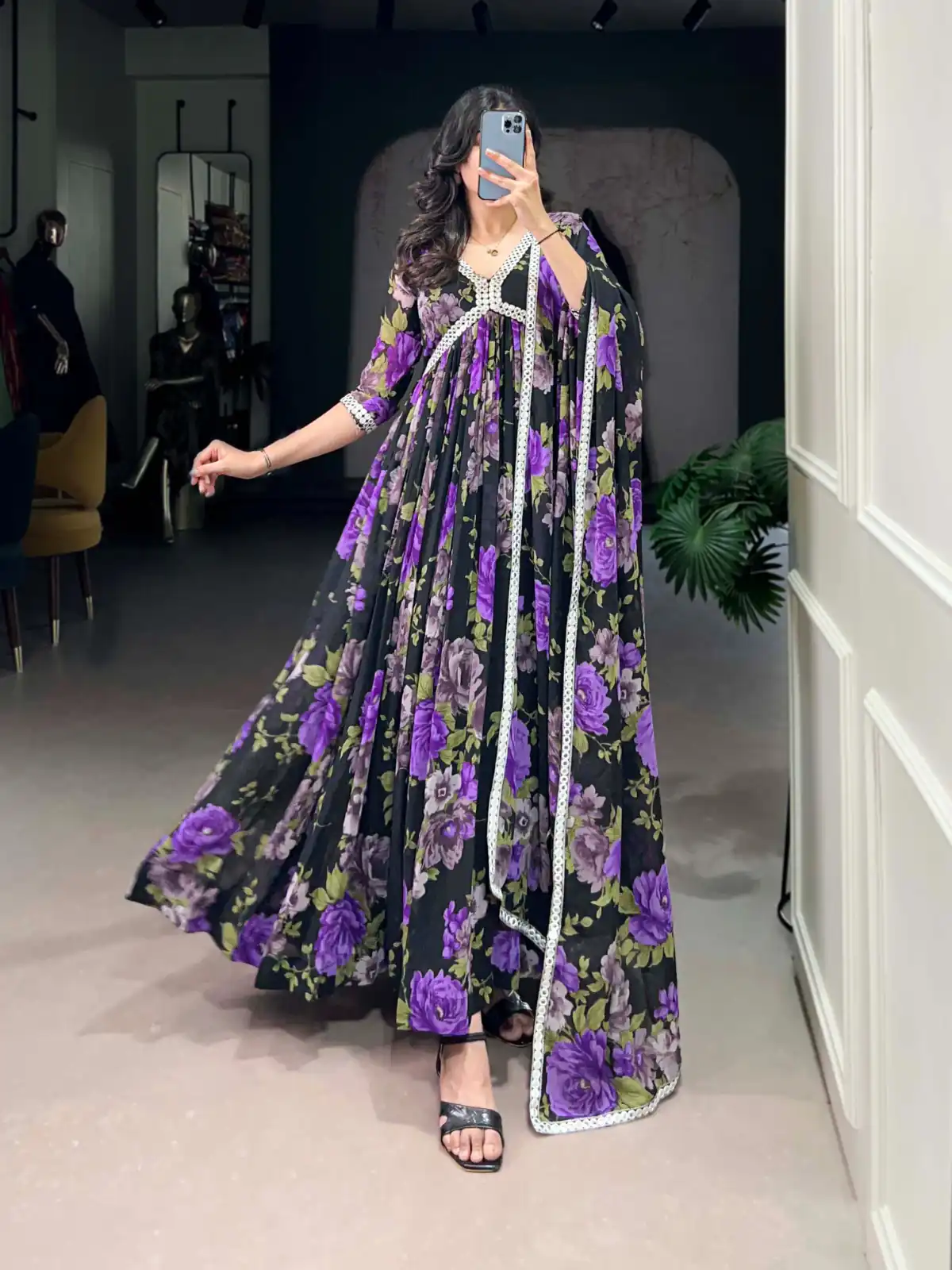 Purple Georgette Floral Printed Paper Mirror Lace Gown | Gowns, Bollywood Gowns, Creative Gowns, Designer Gowns, Embroidered Gowns, Party Wear Gowns