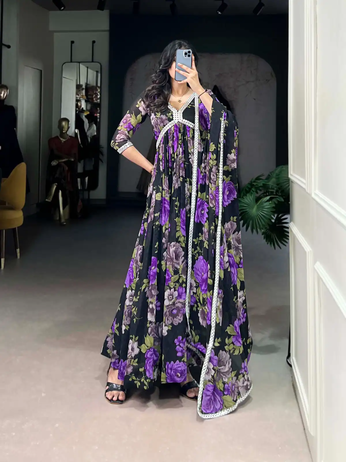 Purple Georgette Floral Printed Paper Mirror Lace Gown | Gowns, Bollywood Gowns, Creative Gowns, Designer Gowns, Embroidered Gowns, Party Wear Gowns