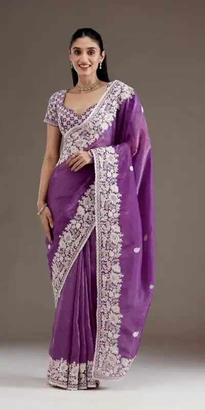 Purple Gold Crush Sequins Work Border Saree | Sarees, Bollywood Sarees, Creative Sarees, Designer Sarees, Embroidered Sarees, Ethnic Saree, Modern Digital sarees, Party Wear Sarees