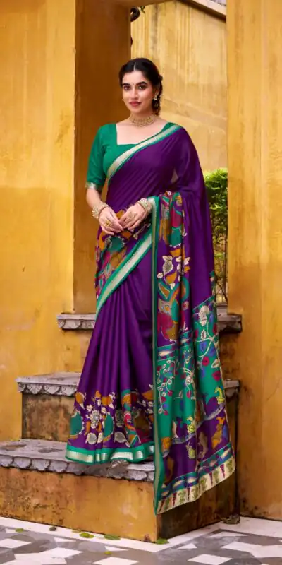 Purple Polyester Kalamkari Saree | Sarees, Bollywood Sarees, Creative Sarees, Designer Sarees, Embroidered Sarees, Ethnic Saree, Modern Digital sarees, Party Wear Sarees