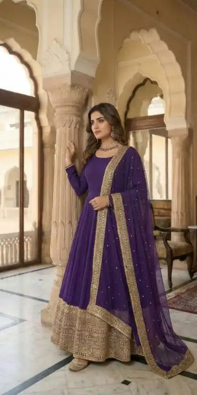 Purple Roman Silk Embroidery Lace Work Gown | Gowns, Bollywood Gowns, Creative Gowns, Designer Gowns, Embroidered Gowns, Party Wear Gowns