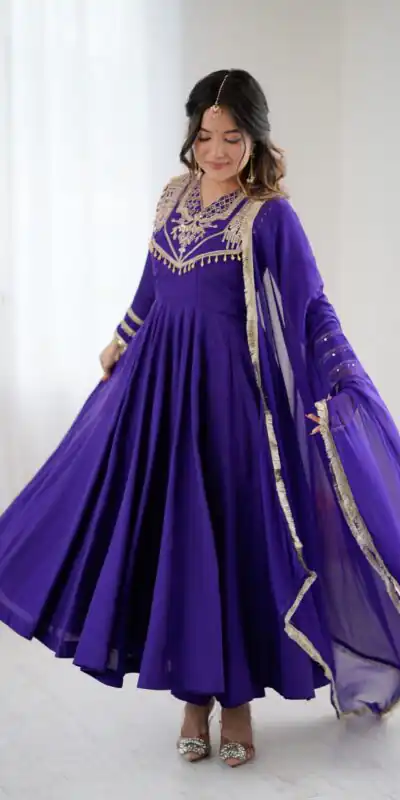Purple Roman Silk Lace Work Border Gown | Gowns, Bollywood Gowns, Creative Gowns, Designer Gowns, Embroidered Gowns, Party Wear Gowns