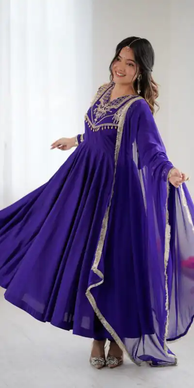 Purple Roman Silk Lace Work Border Gown | Gowns, Bollywood Gowns, Creative Gowns, Designer Gowns, Embroidered Gowns, Party Wear Gowns