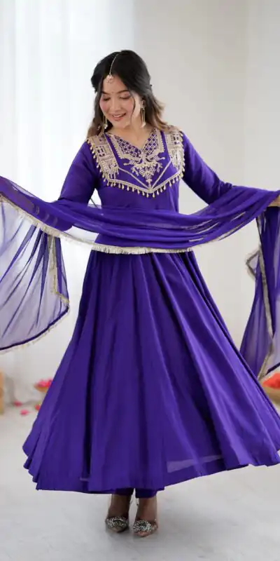 Purple Roman Silk Lace Work Border Gown | Gowns, Bollywood Gowns, Creative Gowns, Designer Gowns, Embroidered Gowns, Party Wear Gowns