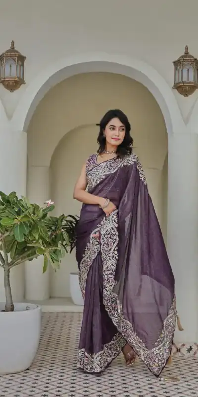 Purple Silver Crunchy Embroidery Work Saree | Sarees, Bollywood Sarees, Creative Sarees, Designer Sarees, Embroidered Sarees, Ethnic Saree, Modern Digital sarees, Party Wear Sarees