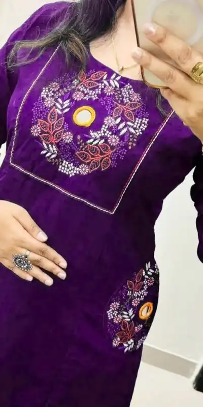 Purple Soft Cotton Slub Embroidery Work Kurti | Kurti, Bollywood Kurti, Creative Kurtis, Designer Kurti, Party Wear Kurti, Selfie Kurti
