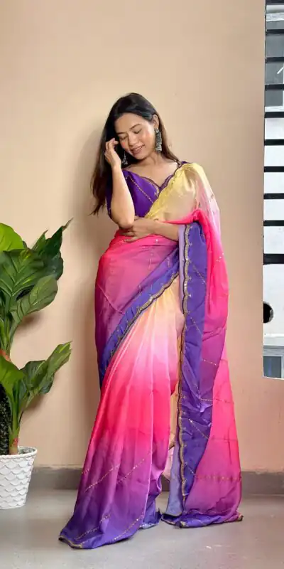 Purple Soft Georgette Satin With Digital Print Embroidery Work Saree | Sarees, Bollywood Sarees, Creative Sarees, Designer Sarees, Embroidered Sarees, Ethnic Saree, Modern Digital sarees, Party Wear Sarees