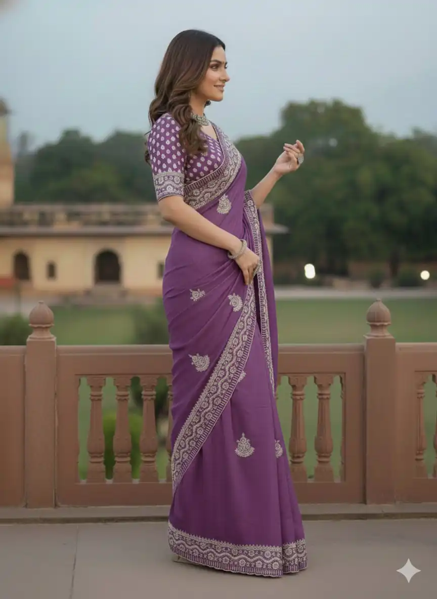 Purple Soft Gold Crush Embroidery Work Saree | Sarees, Bollywood Sarees, Creative Sarees, Designer Sarees, Embroidered Sarees, Ethnic Saree, Modern Digital sarees, Party Wear Sarees