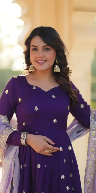 Purple Star Georgette Zari Embroidery Work Gown | Gowns, Bollywood Gowns, Creative Gowns, Designer Gowns, Embroidered Gowns, Party Wear Gowns