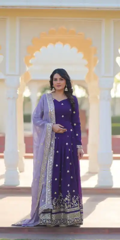 Purple Star Georgette Zari Embroidery Work Gown | Gowns, Bollywood Gowns, Creative Gowns, Designer Gowns, Embroidered Gowns, Party Wear Gowns