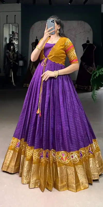 Purple Tasar Chex Patola Print Gown | Gowns, Bollywood Gowns, Creative Gowns, Designer Gowns, Embroidered Gowns, Party Wear Gowns