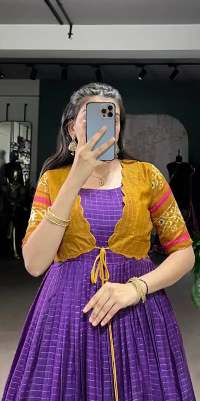 Purple Tasar Chex Patola Print Gown | Gowns, Bollywood Gowns, Creative Gowns, Designer Gowns, Embroidered Gowns, Party Wear Gowns