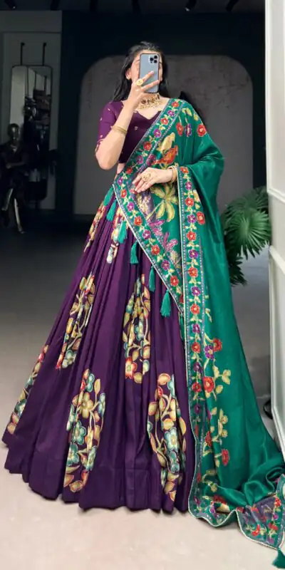 Purple Tushar Silk Printed Foil Work Lehenga Choli | Lehenga, Bollywood Lehenga, Creative Lehenga, Designer Lehenga, Embroidered Lehenga, Party Wear Lehenga