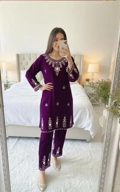 Purple Velvet Embroidery Mirror Work Salwar Suit | Jump Suits, Salwar suit, Casual Suits, Creative suits, Designer Suits, Palazzo Suits, Party Wear Suits, Patiala Suits, Straight Suits