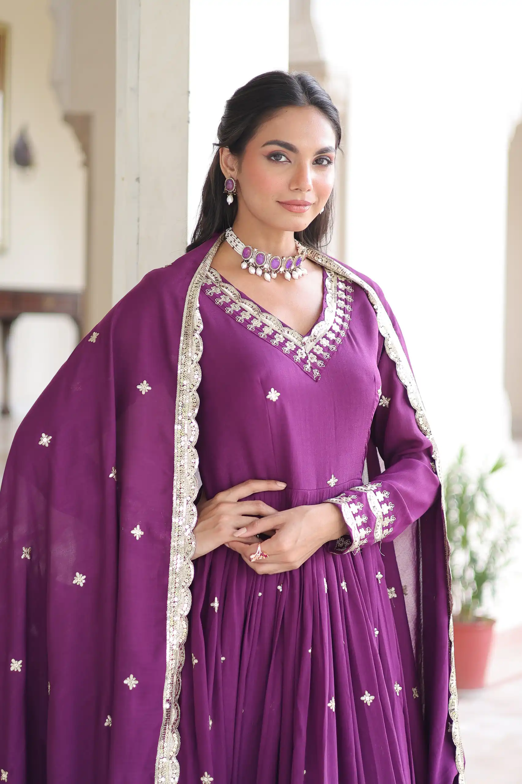 Purple Vichitra Silk Sequins Work Gown | Gowns, Bollywood Gowns, Creative Gowns, Designer Gowns, Embroidered Gowns, Party Wear Gowns