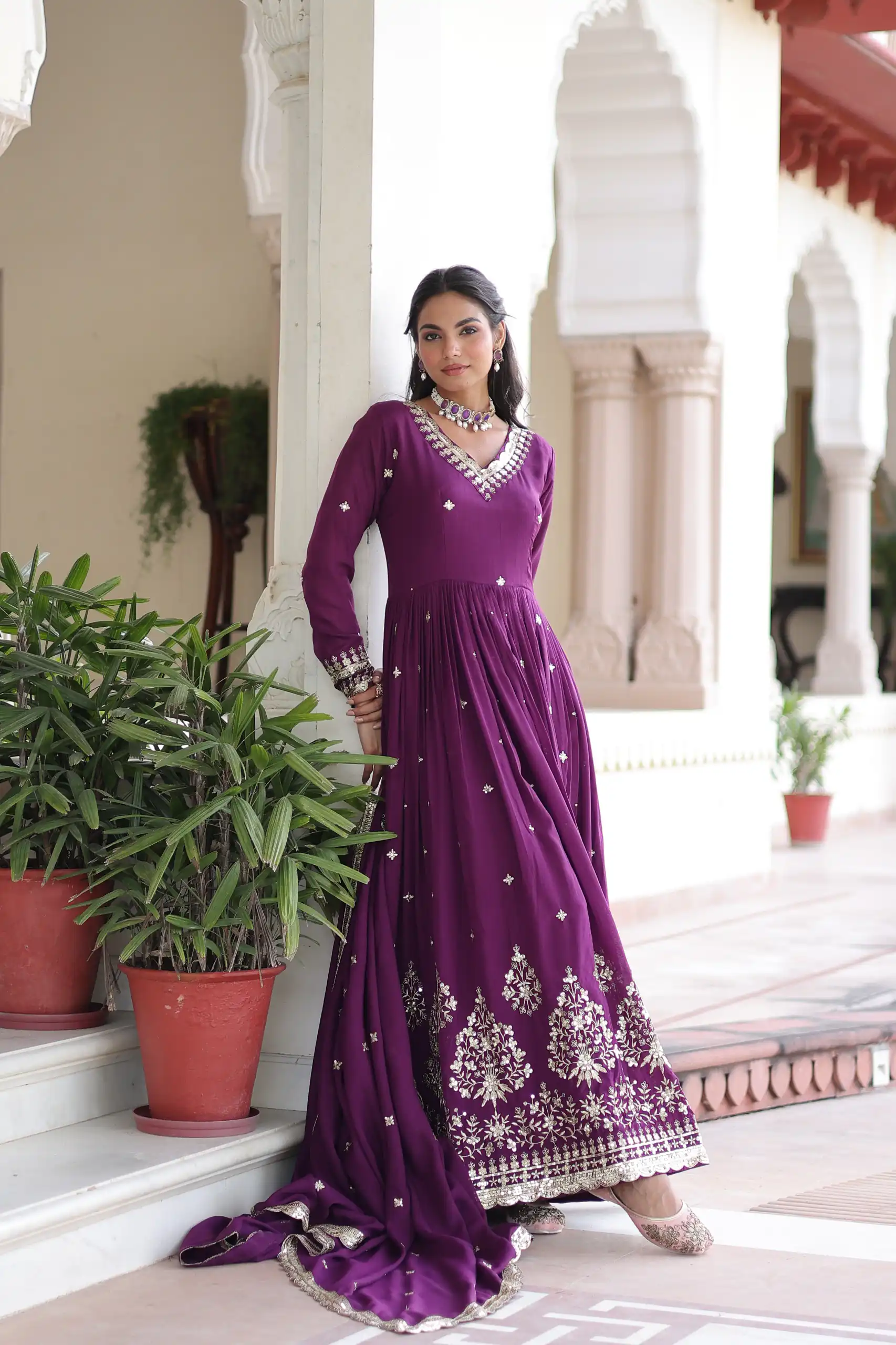Purple Vichitra Silk Sequins Work Gown | Gowns, Bollywood Gowns, Creative Gowns, Designer Gowns, Embroidered Gowns, Party Wear Gowns