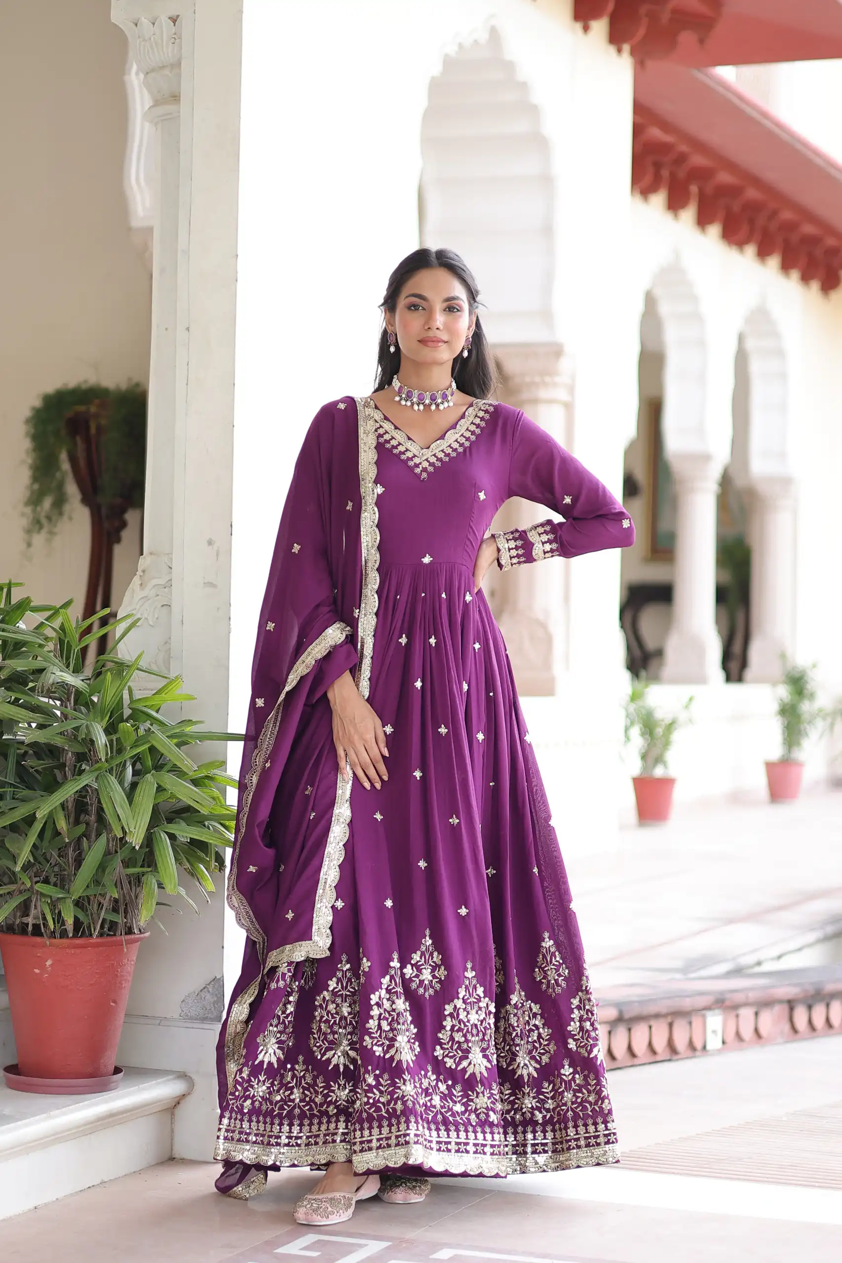 Purple Vichitra Silk Sequins Work Gown | Gowns, Bollywood Gowns, Creative Gowns, Designer Gowns, Embroidered Gowns, Party Wear Gowns