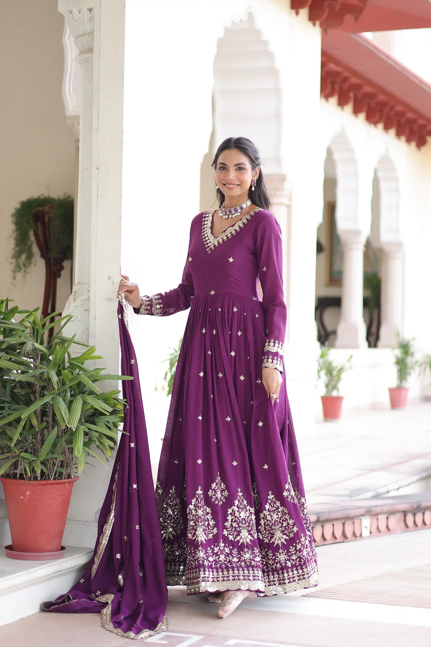 Purple Vichitra Silk Sequins Work Gown | Gowns, Bollywood Gowns, Creative Gowns, Designer Gowns, Embroidered Gowns, Party Wear Gowns