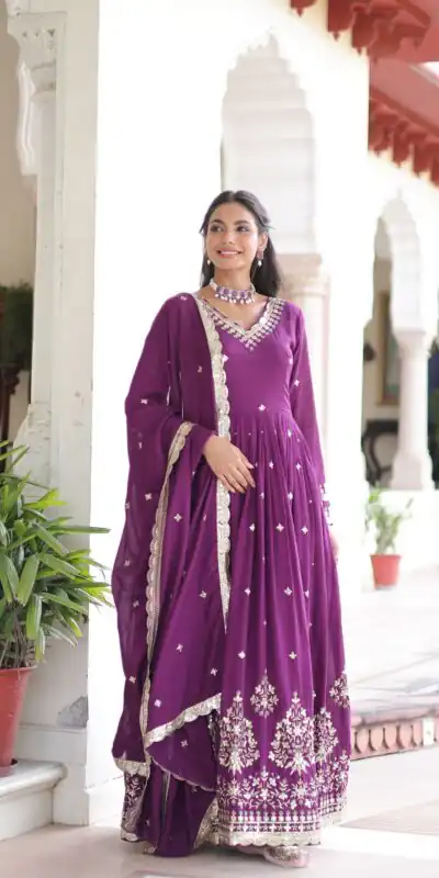 Purple Vichitra Silk Sequins Work Gown | Gowns, Bollywood Gowns, Creative Gowns, Designer Gowns, Embroidered Gowns, Party Wear Gowns