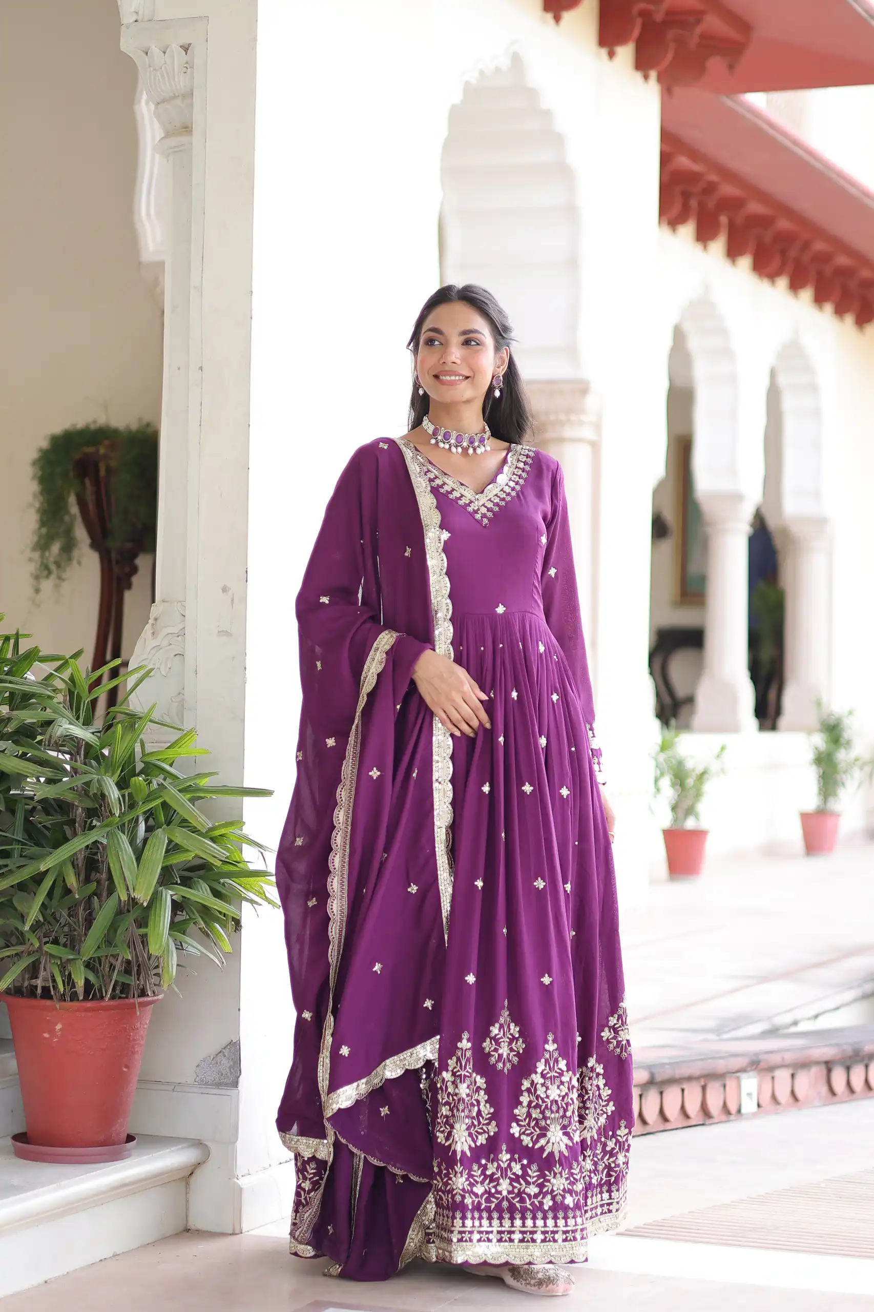 Purple Vichitra Silk Sequins Work Gown | Gowns, Bollywood Gowns, Creative Gowns, Designer Gowns, Embroidered Gowns, Party Wear Gowns