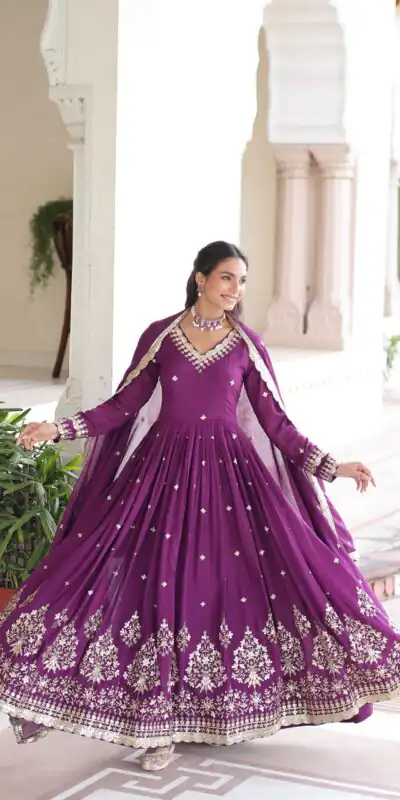 Purple Vichitra Silk Sequins Work Gown | Gowns, Bollywood Gowns, Creative Gowns, Designer Gowns, Embroidered Gowns, Party Wear Gowns