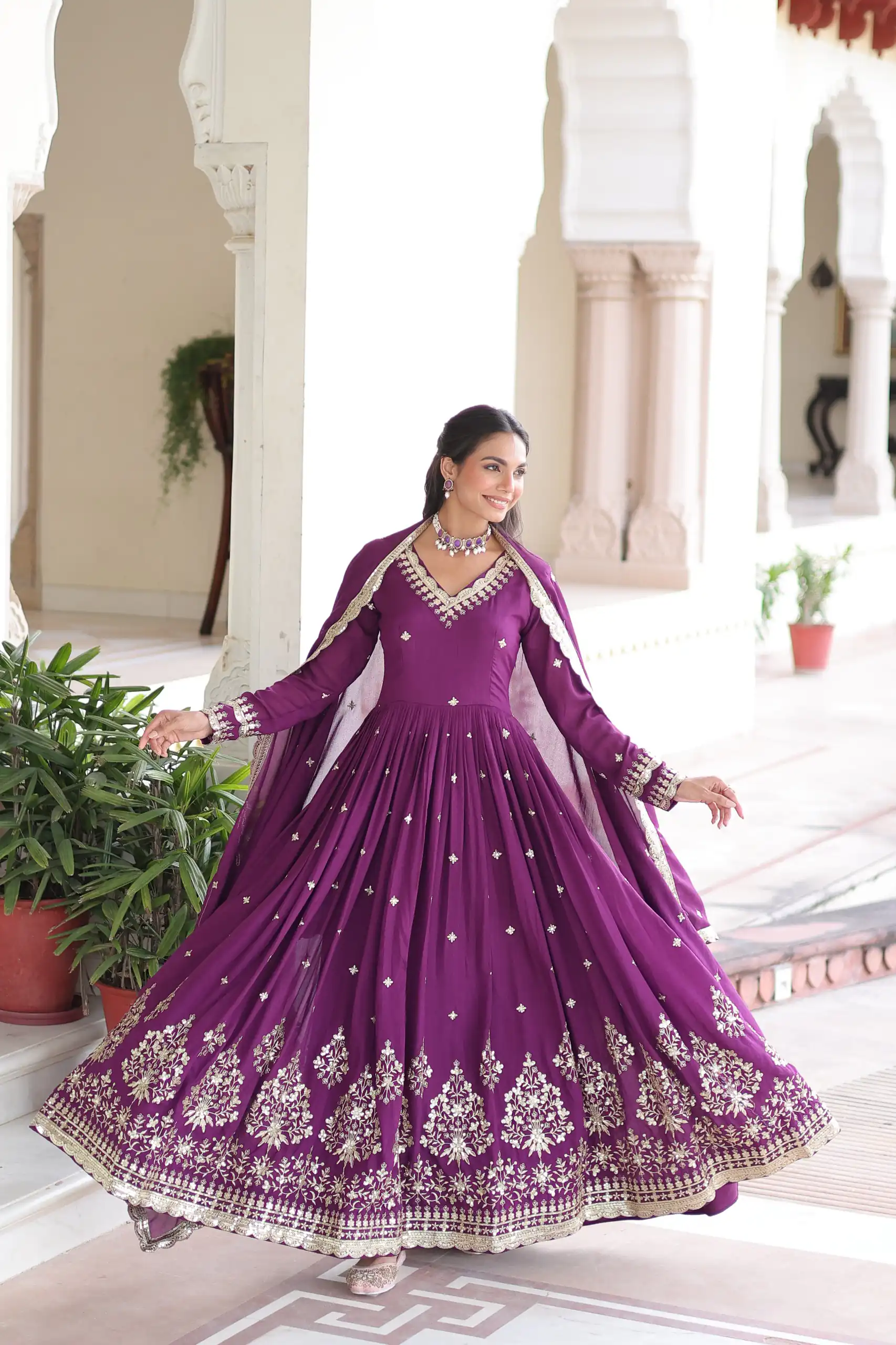 Purple Vichitra Silk Sequins Work Gown | Gowns, Bollywood Gowns, Creative Gowns, Designer Gowns, Embroidered Gowns, Party Wear Gowns