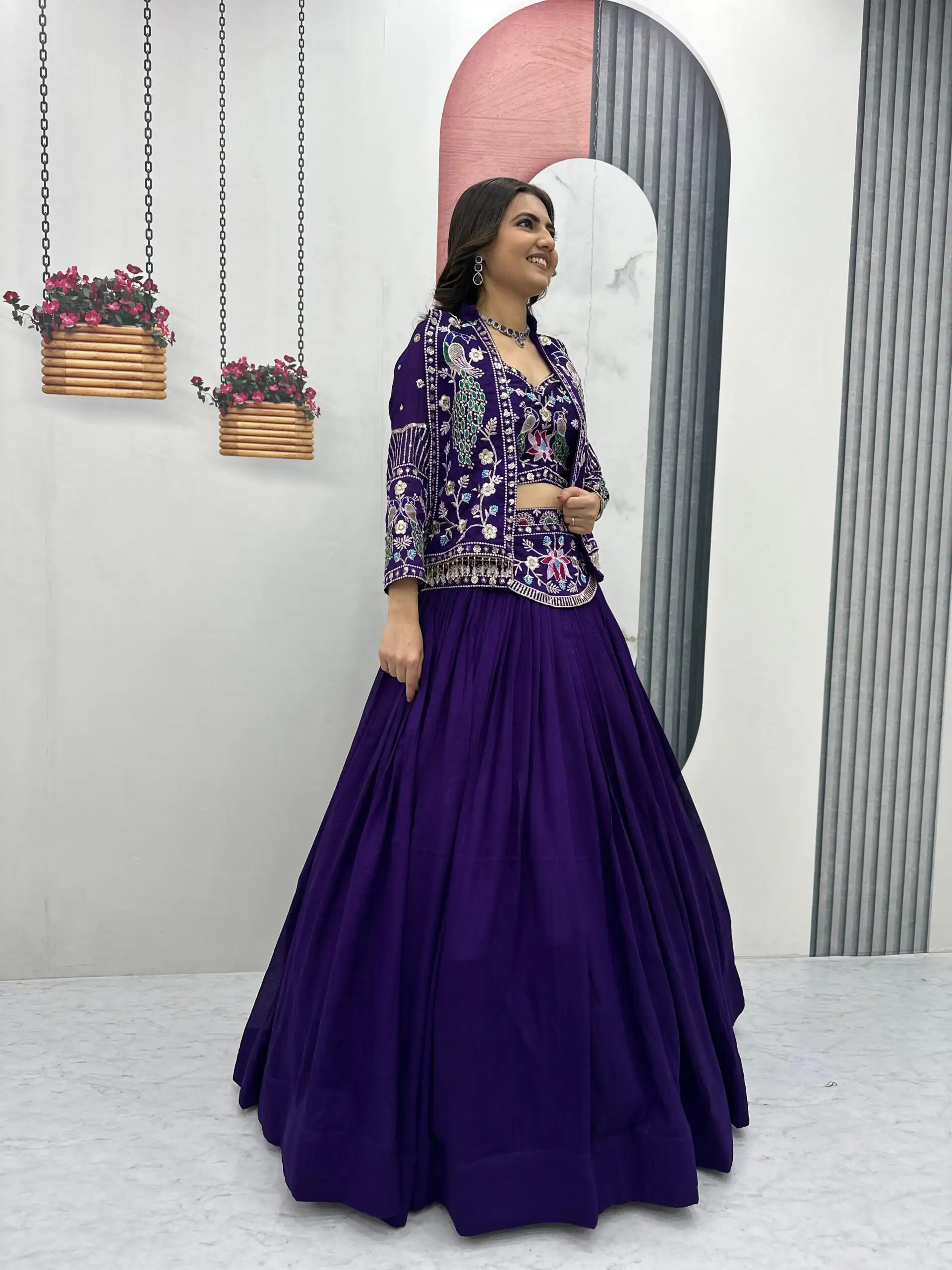 Purple Vichitra Silk Thread Work Lehenga Choli | Lehenga, Bollywood Lehenga, Creative Lehenga, Designer Lehenga, Embroidered Lehenga, Party Wear Lehenga