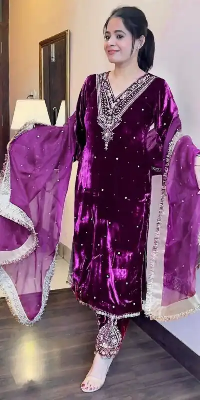 Purple Viscose Velvet Thread Rivet Moti Salwar Suit | Jump Suits, Tops & Bottoms, Track Suits, Salwar suit, Casual Suits, Creative suits, Designer Suits, Palazzo Suits, Party Wear Suits, Patiala Suits, Straight Suits, Trendy Wear