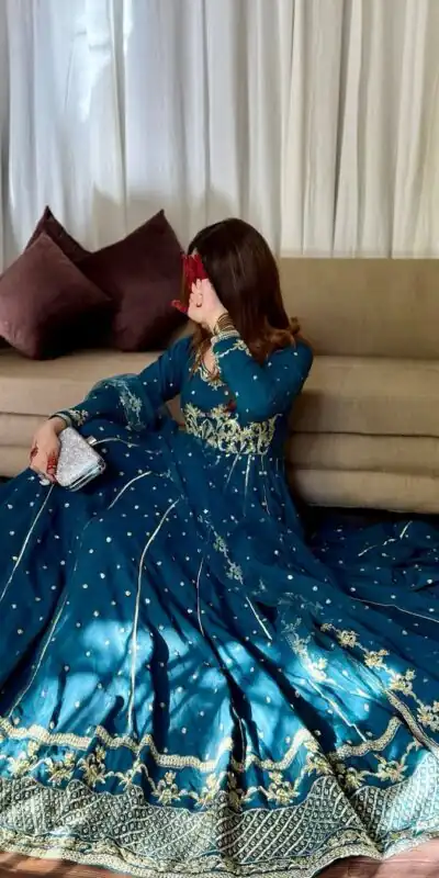 Rama Blue Star Georgette Embroidery Work Gown | Gowns, Bollywood Gowns, Creative Gowns, Designer Gowns, Embroidered Gowns, Party Wear Gowns